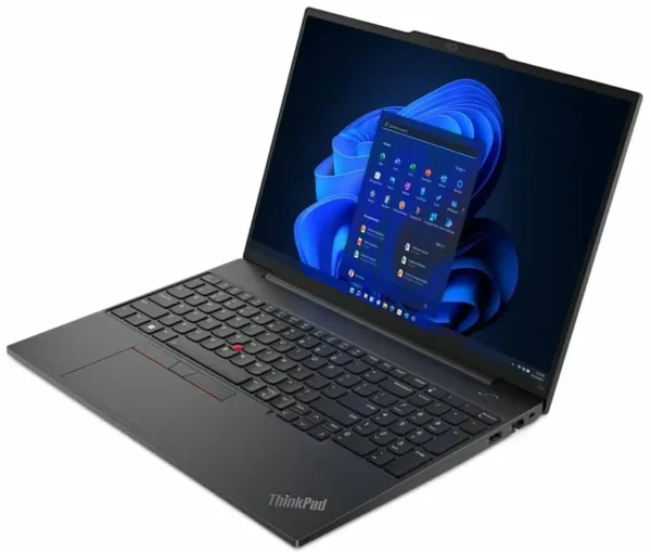 ThinkPad E16 Gen 2 with 16" WUXGA display, Core Ultra 7 processor, 16GB DDR5 RAM, 512GB NVMe storage, Intel ARC graphics, DOS, backlit keyboard, and Lenovo case.