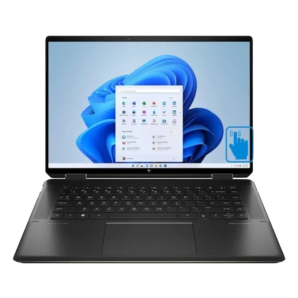 HP Spectre 16-AA0023DX laptop with 16-inch 2.8K touchscreen, Intel Core Ultra 7 processor, 32GB RAM, 1TB SSD, and RTX 4050 graphics in Nightfall Black color.