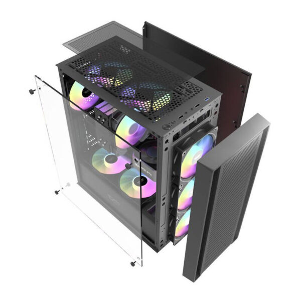 Darkflash DK353 PC case in black/white, featuring tempered glass panel, support for ATX, Micro-ATX, and ITX motherboards, 3.5'' and 2.5'' drive bays, 7 expansion slots, and multiple cooling options including support for up to 360mm radiators