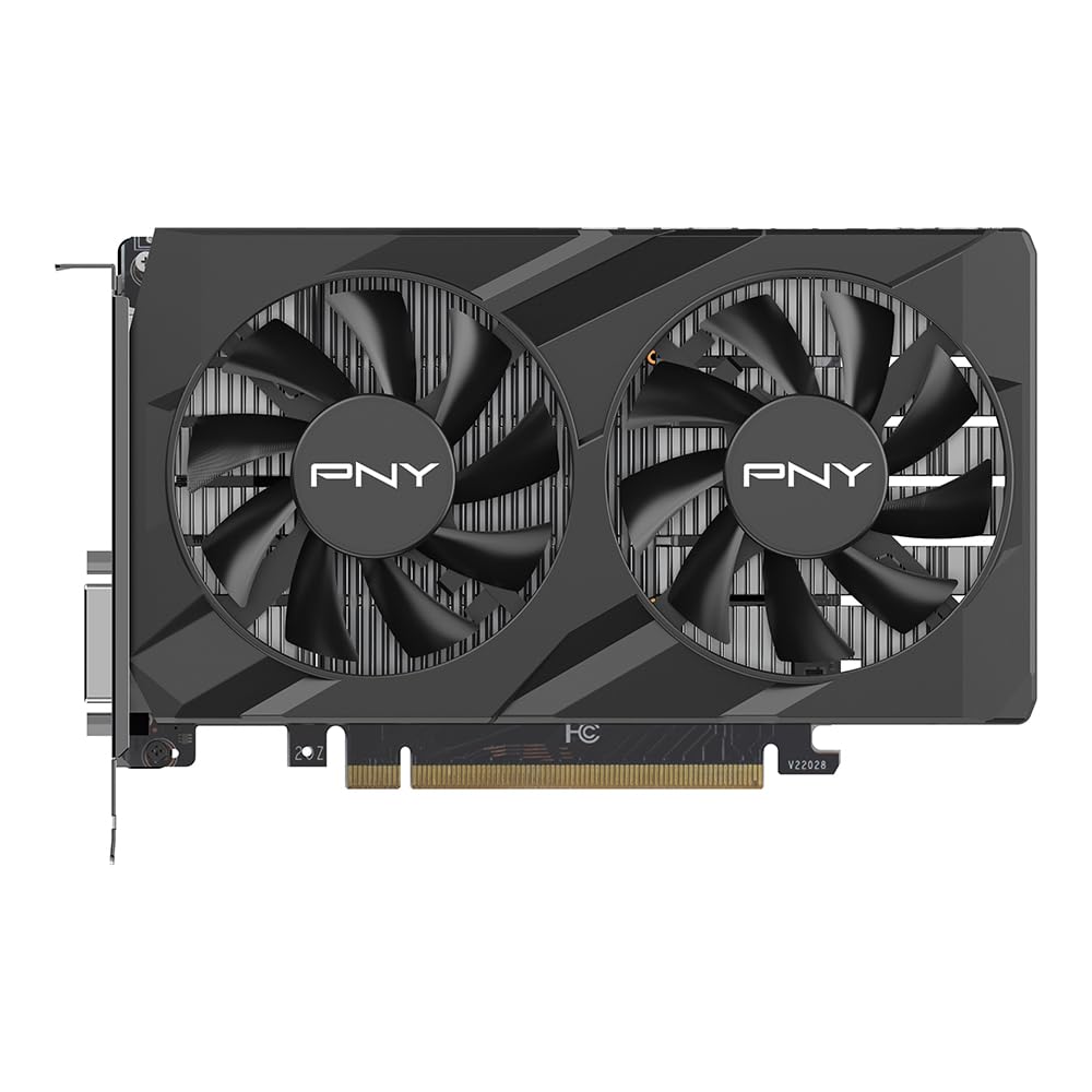 PNY GeForce RTX 3050 VERTO graphics card featuring a black-and-silver design, dual cooling fans, and a modern build, perfect for gaming and productivity